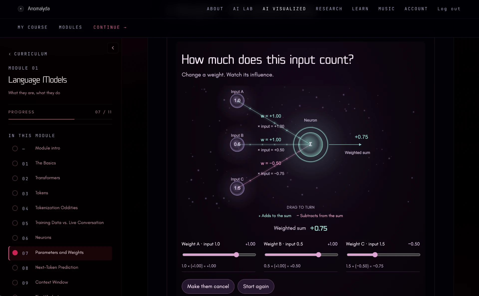 Interactive weights instrument with three inputs connected to a neuron