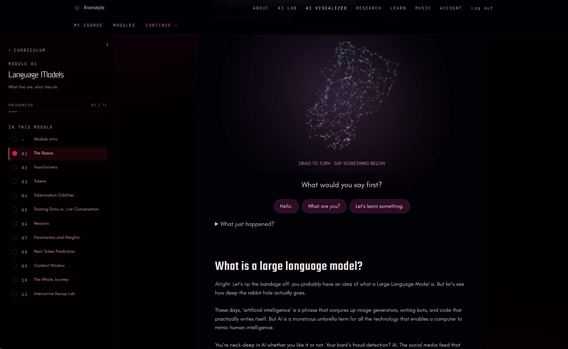 Language models lesson with the First Contact instrument and lesson navigation