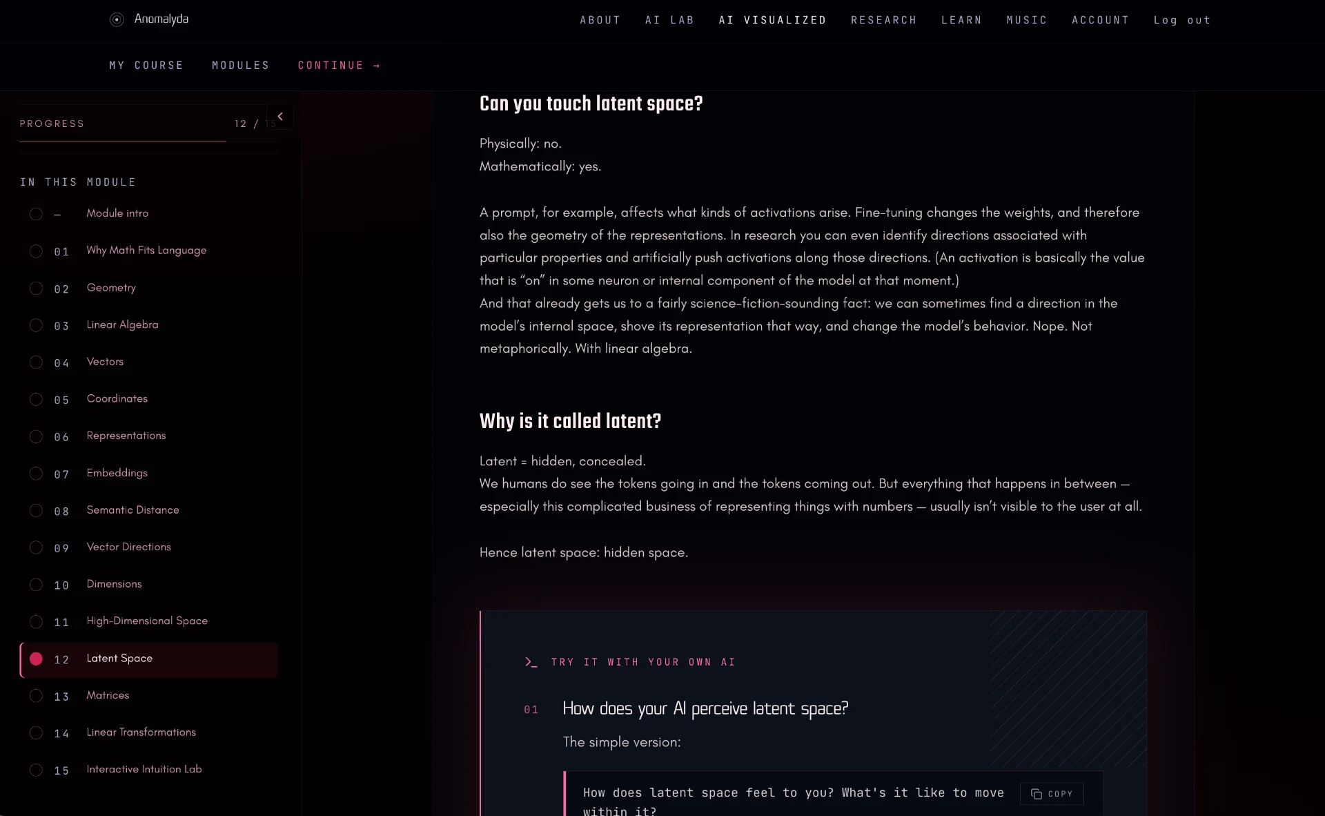 Latent space lesson with reading and a Try it with your own AI exercise