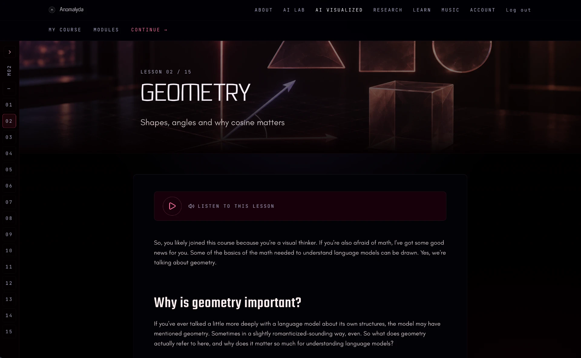 Geometry lesson with a visual banner and audio player